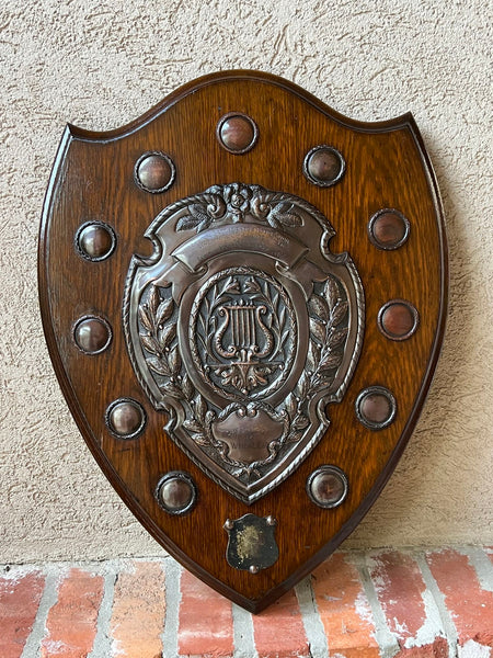 Antique English Choir Trophy Award Plaque Copper Repousse c1938 Lyre Harp