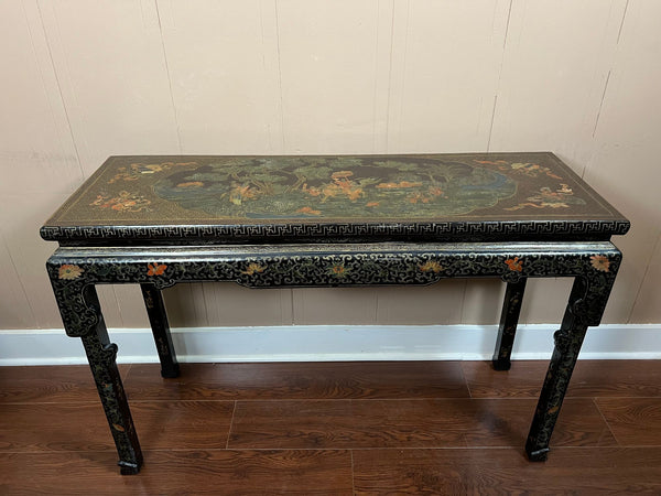 Vintage Chinese Console Table Black Lacquer Chinoiserie Gilt Hand Painted c1950