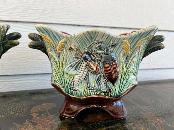 PAIR Antique French Majolica Jardinières Insect Musician Cache Pot Planter c1880