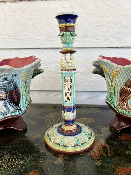 Antique English Wedgwood Majolica Candlestick Candle Holder Cinque Cento c1876