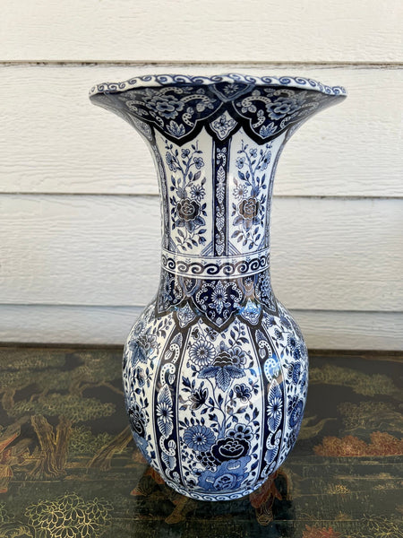 Vintage Large Delft Trumpet Vase Blue and White Floral Boch Royal Sphinx Urn