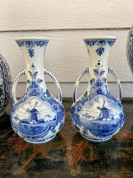 PAIR Petite Vintage Delft Vases Blue & White Windmilll Hand Painted Bud Vases