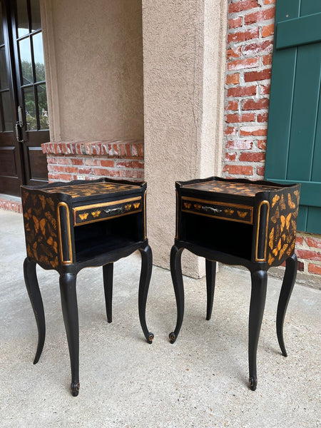 PAIR French Bedside Cabinets Chinoiserie Butterfly Gilt Lacquer Tables