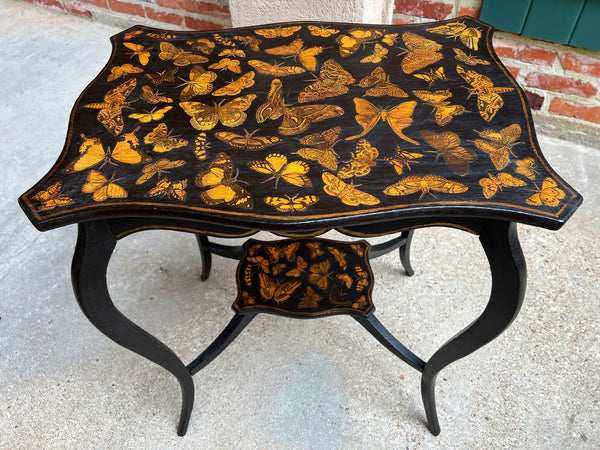 Vintage French Side Table Chinoiserie Butterfly Black Lacquer Hollywood Regency
