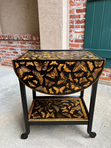 Vintage English Bar Cart Trolley Drop Leaf Chinoiserie Butterfly Lacquer Table