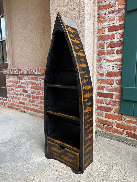 English Boat Form Etagere Black Lacquer Fish Decoupage Collection Bookshelf