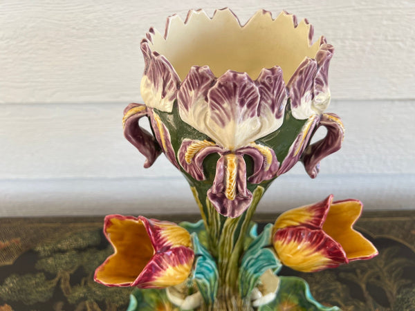 Antique French Majolica Vase Centerpiece Onnaing Art Nouveau Iris Tulip c1900
