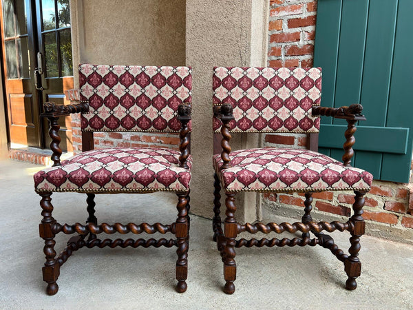 Pair SET Antique French Arm Chair Barley Twist Oak Renaissance Lion Fleur De Lis