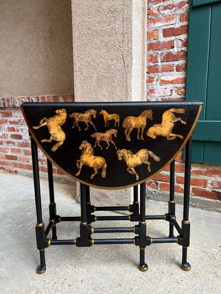 Antique English Drop Leaf Side Table Horse Equestrian Chinoiserie Petite Oak