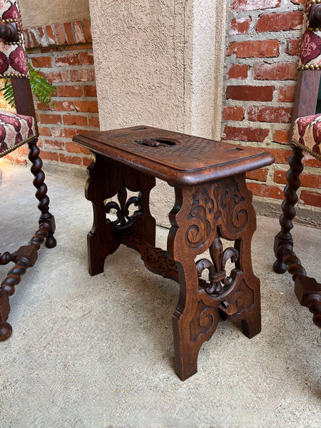 Antique French Bench Stool Gothic Renaissance Carved Oak Trestle Fleur de lis