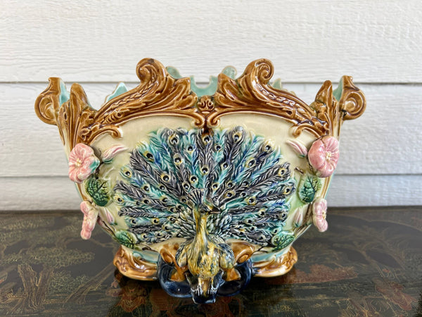 Antique French Majolica Jardinière Planter Peacock Onnaing Large Cache Pot c1880