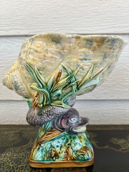 Antique Majolica Vase Bowl Dolphin Nautilus Shell English Royal Worcester c1870