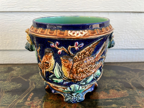 Antique Majolica Bird Planter Cache Pot Jardinière Cobalt Blue Wasmuël c1890