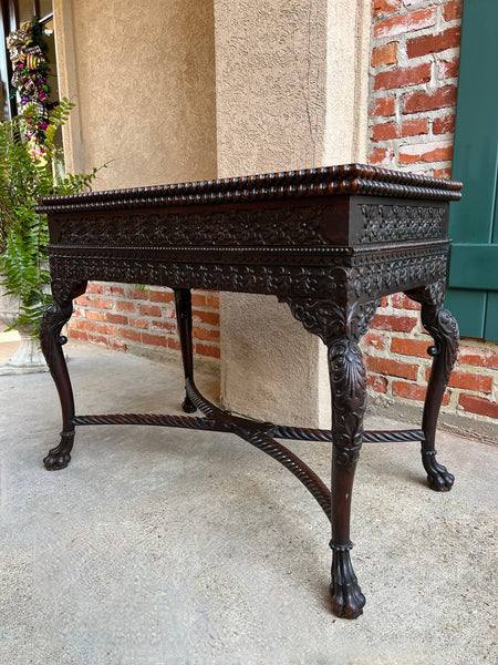 Antique Foyer Hall Table British Colonial Carved Wood Leather Flip Top Burmese