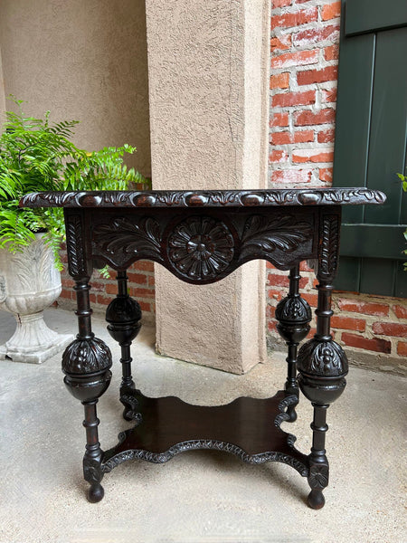 Antique English Side Sofa Table Ebonized Carved Oak Baroque Two Tier Tudor