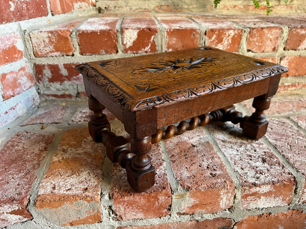 Antique English Kettle Stand Footstool Barley Twist Carved Oak Display Stool