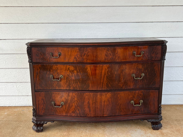 Antique Georgian Revival Chest of Drawers Flame Mahogany Serpentine Carved c1940