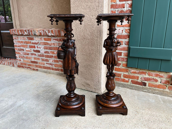 Antique French Breton Pedestal Stands PAIR Carved Figural Display Brittany c1900