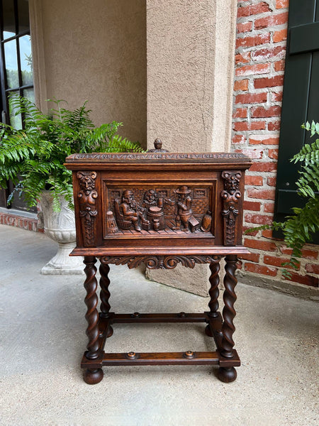 Antique French Renaissance Chest Box on Stand Breton Brittany Oak Barley Twist