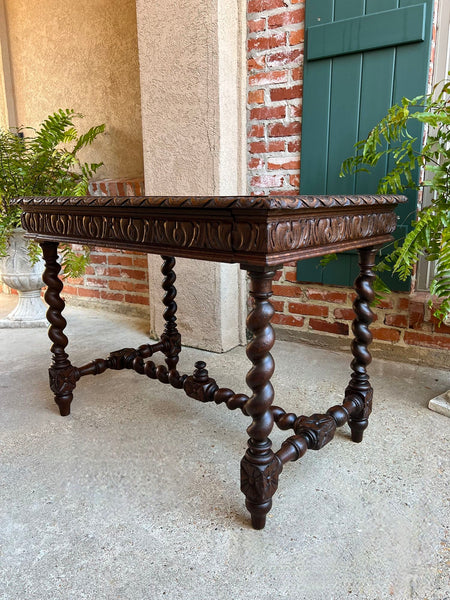 Antique French Sofa Table Writing Desk Barley Twist Carved Oak Renaissance