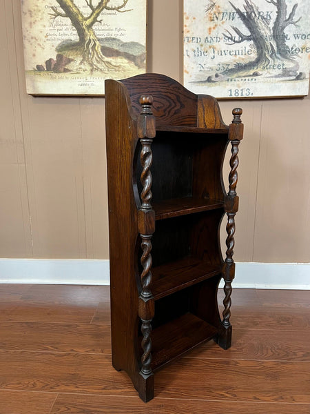 PETITE Antique English Bookcase Bookshelf Barley Twist Tiger Oak Display c1920