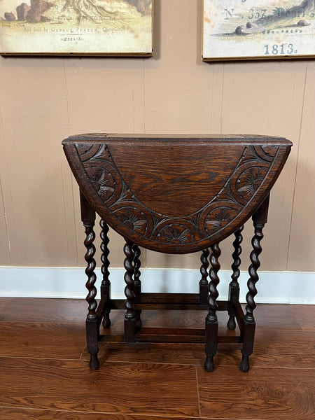 PETITE Antique English Side Sofa Table Barley Twist Drop Leaf Gateleg Carved Oak