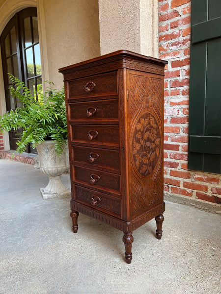 Antique English Victorian Wellington Chest of Drawers Campaign Carved Oak