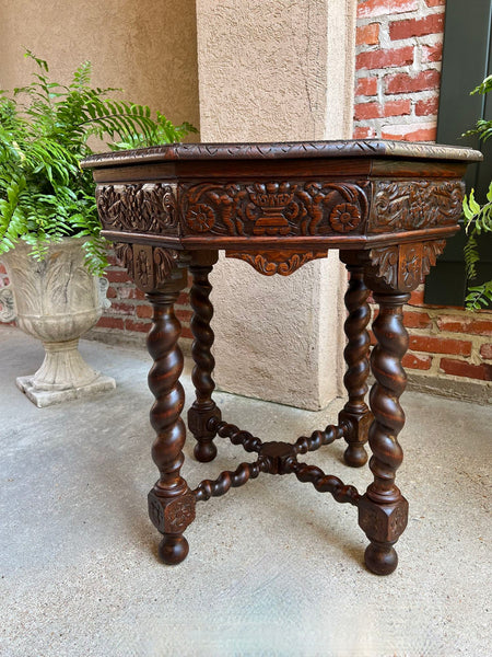 Antique French Octagon Sofa Table Carved Oak Barley Twist Louis XIII Renaissance