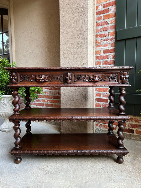 Antique French Carved Oak Server Sideboard Barley Twist Renaissance Bookshelf