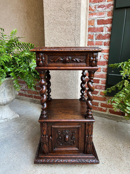 Antique French Side End Table Cabinet BARLEY TWIST Carved Oak Renaissance Marble