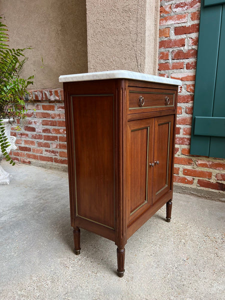 Antique French Mahogany Small Cabinet Side Table White MARBLE Louis XVI Mahogany