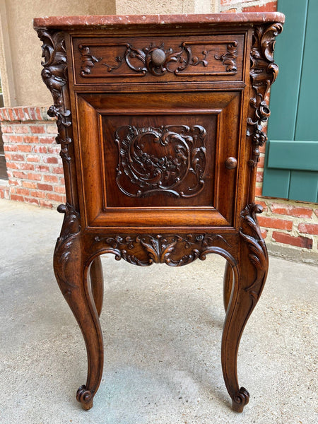 Antique French Nightstand Cabinet Marble Top Louis XV Carved Walnut c1890