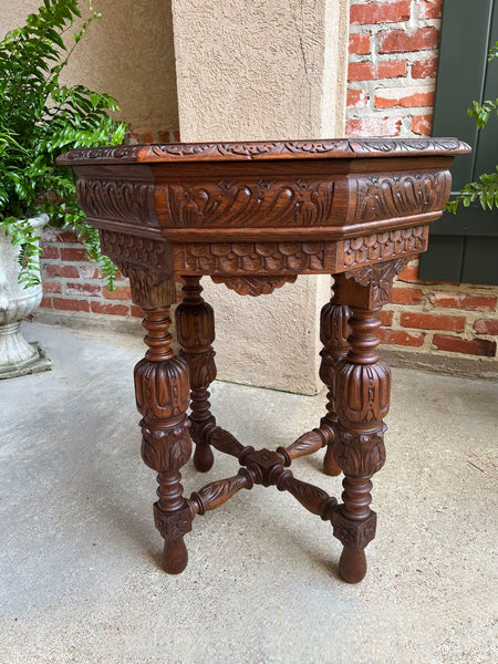 Petite Antique French Octagon Center Side TABLE Renaissance Carved Oak