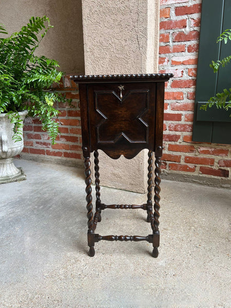 Antique English Square Table Plant Stand Jacobean BARLEY TWIST Cabinet Dark Oak