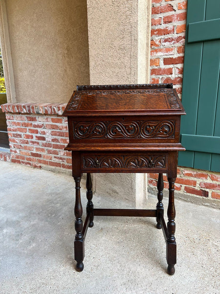 Antique English Slant Front Desk Display Stand Jacobean Carved Tiger Oak Lectern