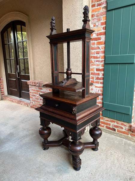 Antique English Book Press Table Renaissance Carved Oak Ebonized Cabinet c1880
