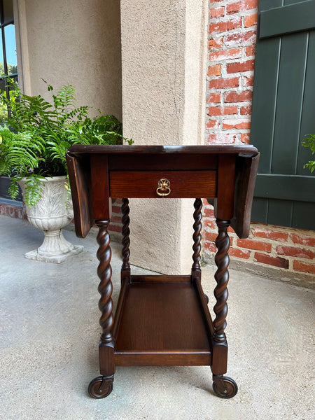 Antique English Tea Trolley Drinks Cart Barley Twist Dumbwaiter Drop Leaf Table