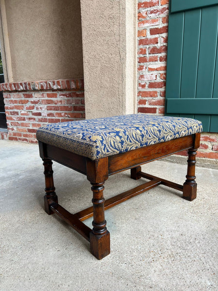 Antique English Oak Bench Upholstered Window Seat Jacobean Revival c1920