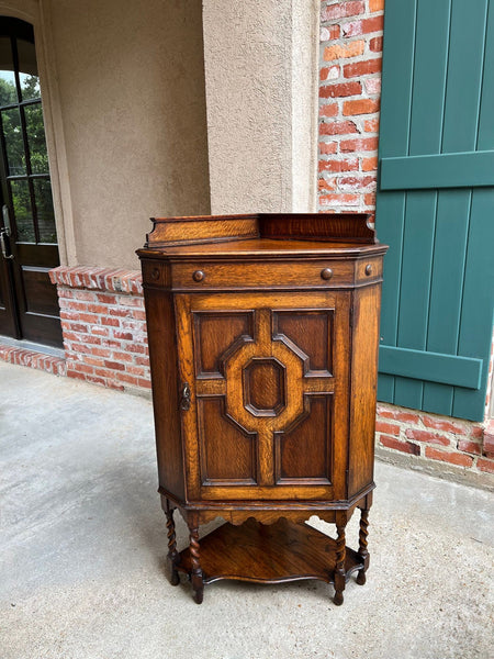 Antique English Tiger Oak Corner Cabinet Barley Twist Jacobean Arts & Crafts