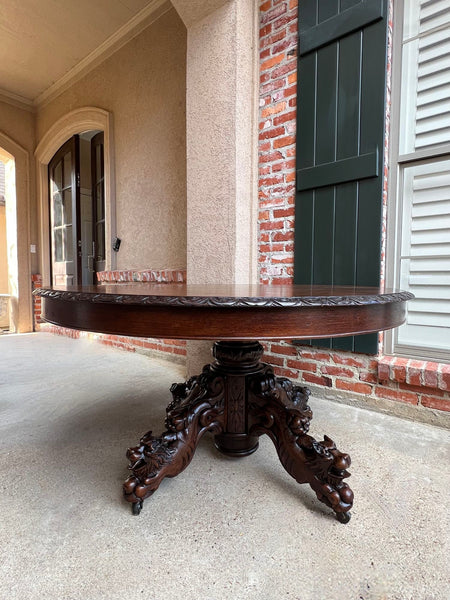 Antique French ROUND Dining Hunt Game Table Carved Oak Black Forest Pedestal