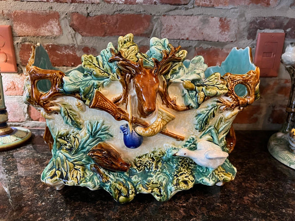 Antique French Majolica Barbotine Jardinière Hunt Stag Onnaing Cache Pot Planter