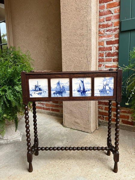 Antique English Planter Blue White DELFT Tile Floral Box Oak Bobbin Legs c1910