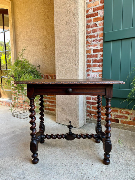 Antique English Console Table Writing Desk Jacobean Barley Twist Carved Oak c1890