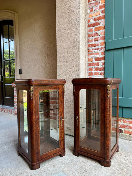 PAIR Antique French Glass Vitrine Display Cabinets Burl Mahogany Mirror c1900