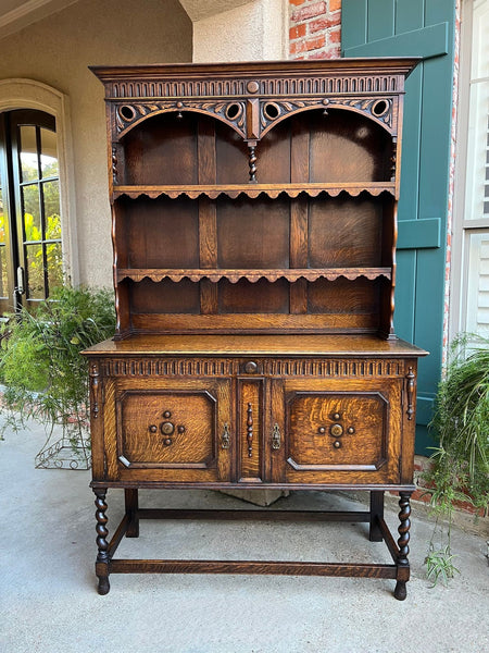 Antique English Welsh Dresser Sideboard Barley Twist Carved Tiger Oak Farmhouse