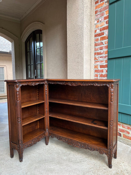 Antique French Corner Bookcase Carved Oak Louis XV Revival Open Shelves c1920