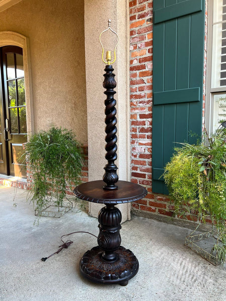 Antique English Carved Oak Floor Lamp OPEN Barley Twist w Round End Table c1920