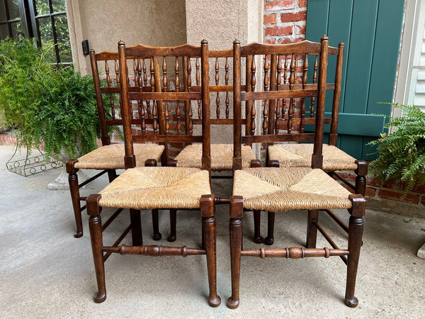 Set 5 Vintage English Oak Dining Side Chairs Rush Seat Lancashire Spindle Back