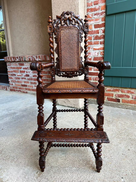 Antique French Child High Chair Renaissance Barley Twist Carved Oak Caned c1890