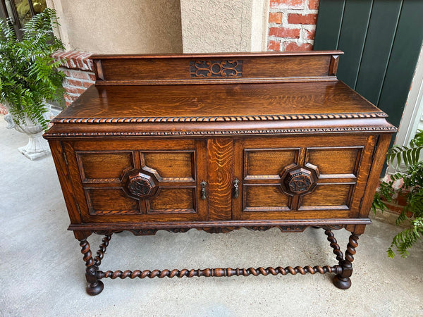 Antique English Sideboard Server Buffet BARLEY TWIST Carved Tiger Oak Jacobean